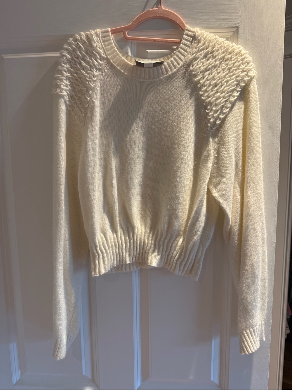 Cream Crewneck Knit Sweater with Textured Shoulders